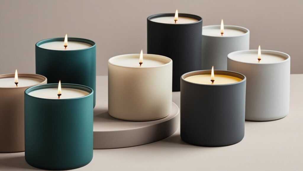 luxueuze geurkaarsen voor een webshop met als naam zeravil met een moderne achtergrond. de geurkaarsen zijn ook ceramic matte